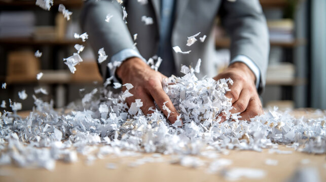 Businessman in gray suit gathers shredded paper on wooden desk, with scattered paper pieces around, indicating document destruction or office cleanup