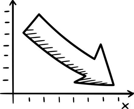 Hand-drawn downward arrow graph indicating decline white background, decrease