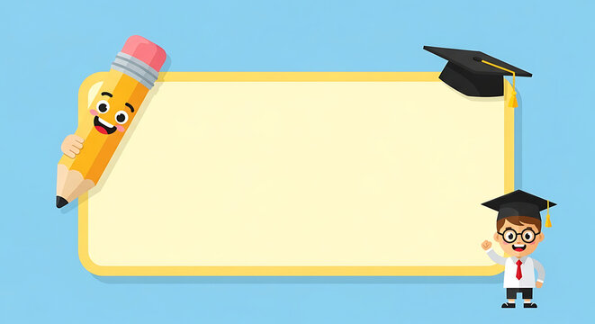 Educational frame with a cute cartoon pencil and a happy student character.