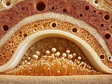 Human crista ampullaris anatomy illustration showing vestibular sensory epithelium cupula dome hair cells and semicircular canal ampulla architecture in warm amber gold tones on white background