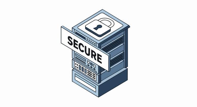 Isometric Secure Server Rack with Padlock Symbol for Data Protection and Cybersecurity Concept