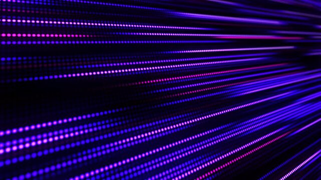 Fast moving glowing digital lines composed of blue and pink neon dots. Digital technology background. Digital display. 4K animation.