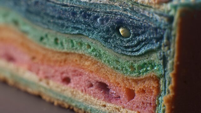 Close-up of a Rainbow Layered Cake Slice with Vibrant Colors.