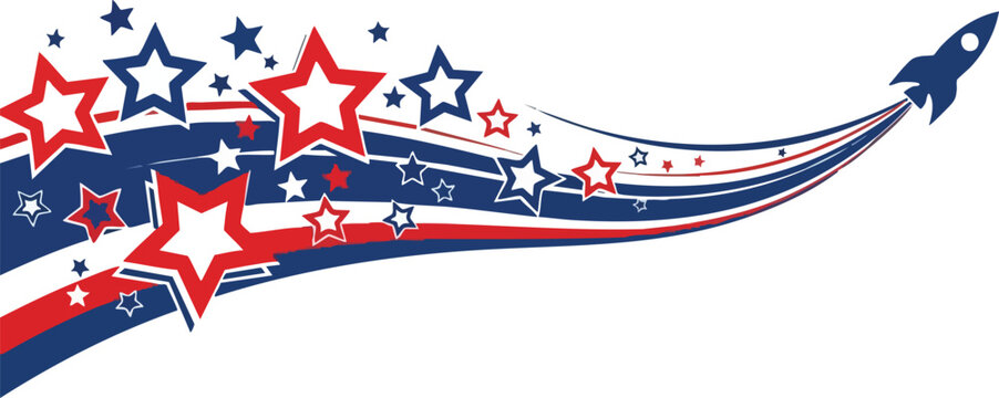 Celebrate future success and national pride with a dynamic rocket graphic, featuring patriotic red, white, and blue stars and stripes, symbolizing American zeal