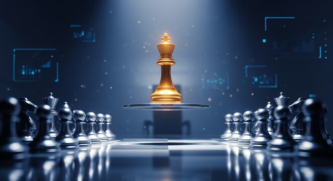 A golden chess king piece floats above a strategic board surrounded by silver pieces in digital dark space atmosphere