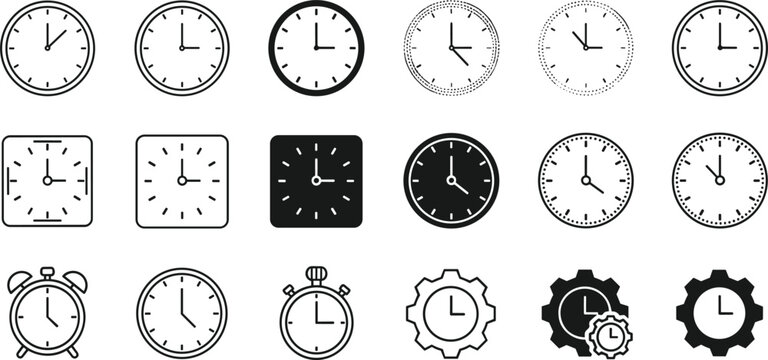 Minimal clock icon set. Modern outline and filled time symbols collection. Alarm, wall and gear clocks isolated vector design for UI, apps, and infographic use.
