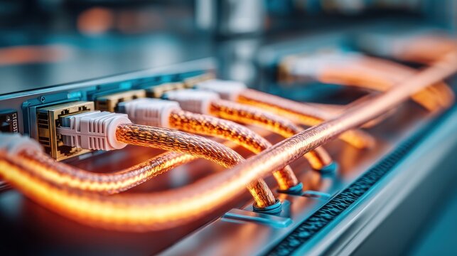 Close-up of Orange Ethernet Cables Connected to Network Switch.