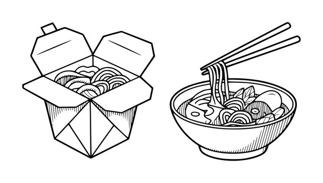 Hand-drawn of asian noodles in a takeout box and bowl with chopsticks food