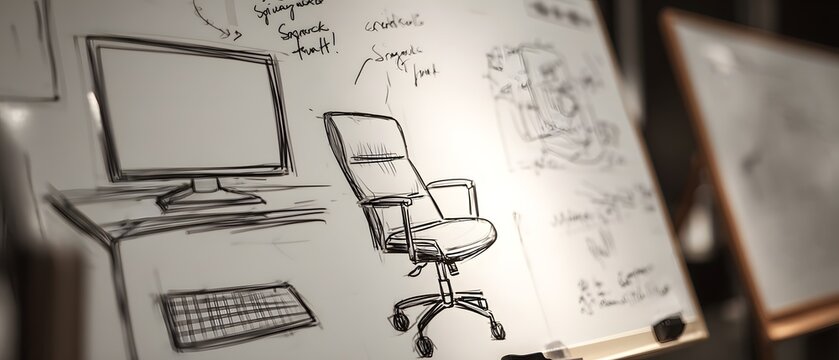This image features a detailed sketch of office furniture, including a computer monitor and ergonomic chair. Ideal for use in design, architecture, and workspace planning contexts.