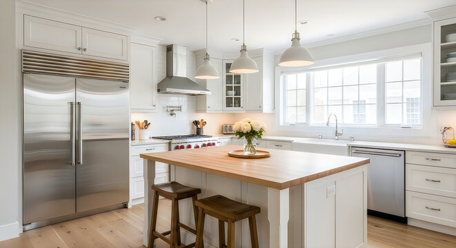 
Contemporary luxury apartment architecture features a new modern kitchen interior design with a wood dining table and chairs near a window in a light filled indoor living room