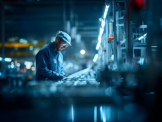 Obraz premium Industrial worker in a factory operating machine at night