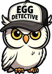 Fototapeta premium A cute cartoon illustration of a white owl wearing a black and white trucker hat as a detective Vector