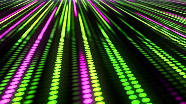 LED display. Rows of glowing dots rush forward, forming a fiery stream of light and speed. Technological background. 3D render.