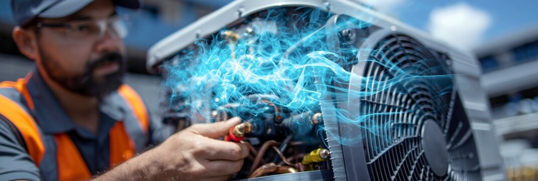 Rooftop air conditioning repair by HVAC technician with glowing airflow lines