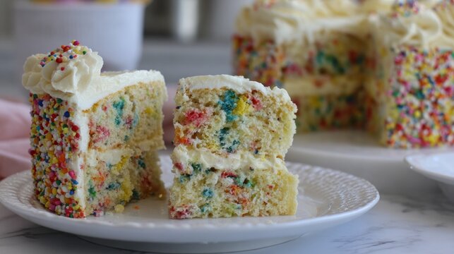 Delicious Funfetti Cake Slices with Creamy Frosting and Sprinkles.