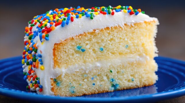 Delicious Slice of Funfetti Cake with White Frosting and Sprinkles.