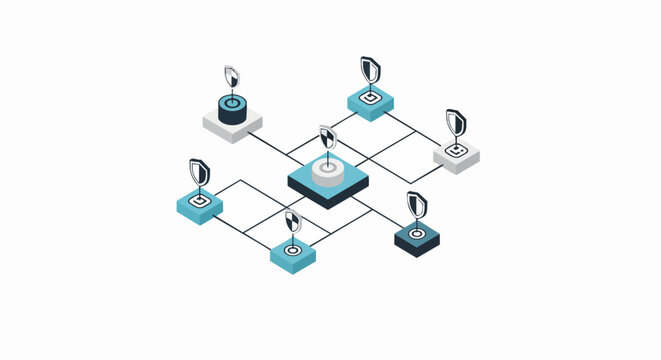 Isometric Cybersecurity Network and Blockchain Data Protection Concept Illustration