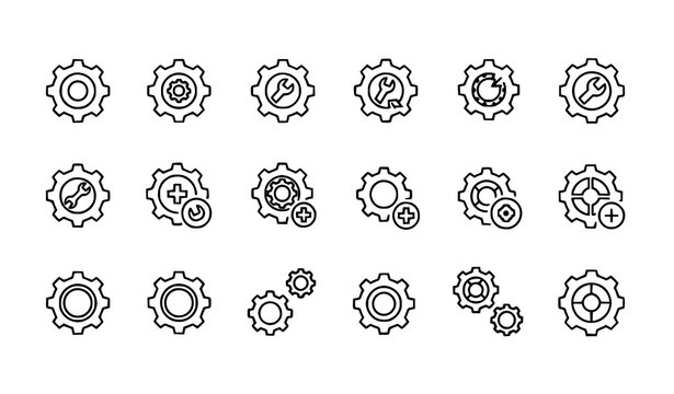 Gear process infographic icon vector set with cogwheel system workflow and line symbols