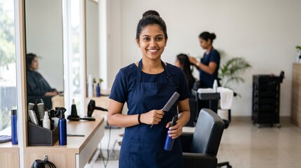 Fototapeta premium Smiling Sri Lankan Female Salon Owner Standing in Modern Beauty Salon