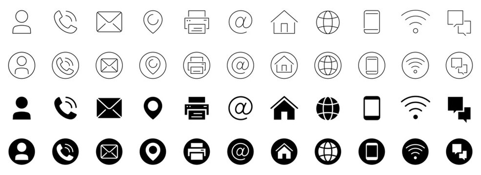 Contact us icon set. Chat. Phone. Website. Message. Location. Support. Telephone. Call. Fax. Editable stroke. Vector illustration.