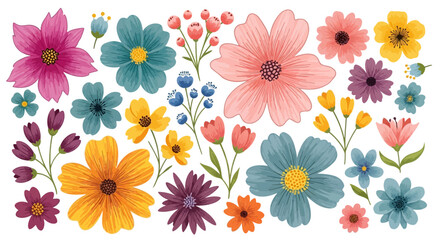 Obraz premium Watercolor floral collection with colorful spring blossoms, hand drawn botanical flower set, vibrant garden wildflower vector elements for wedding design