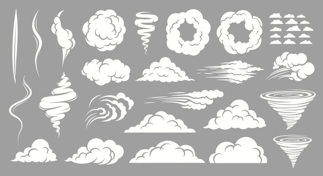 Cartoon smoke and cloud vector set, white steam and wind motion effects, comic explosion and tornado elements for animation and game design