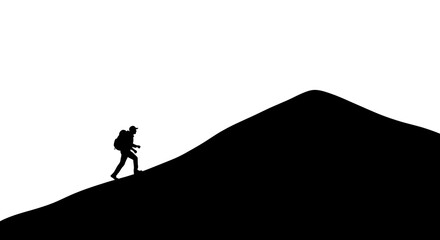 Obraz premium Silhouette of a hiker ascending a dark rolling hill against a white background