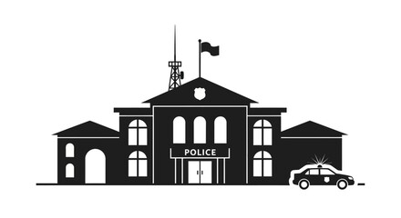 Black and white illustration of a police station with a patrol car © Sumon