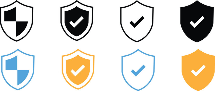 Shield icons with checkmarks and patterns in various colors on white background  security and protection symbols