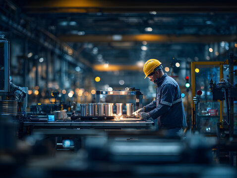 Industrial worker wearing yellow helmet in a dark factory shop