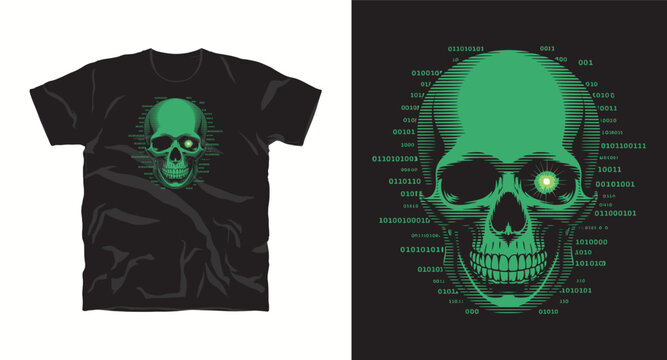 Green binary code skull t-shirt design digital concept.