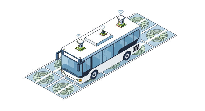 Smart City Autonomous Electric Bus with Wireless Inductive Charging and IoT Sensors Isometric Illustration