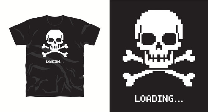 Pixel art skull and crossbones loading bar t-shirt design.