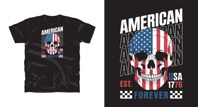 American forever skull t-shirt design with usa flag pattern and vintage typography.
