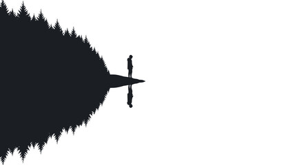 A solitary figure stands before a dark forested hillside with reflection © Sumon