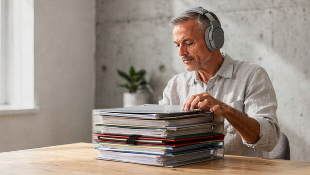 Focused mature businessman wearing headphones while reviewing a large stack of documents and folders in a modern office setting