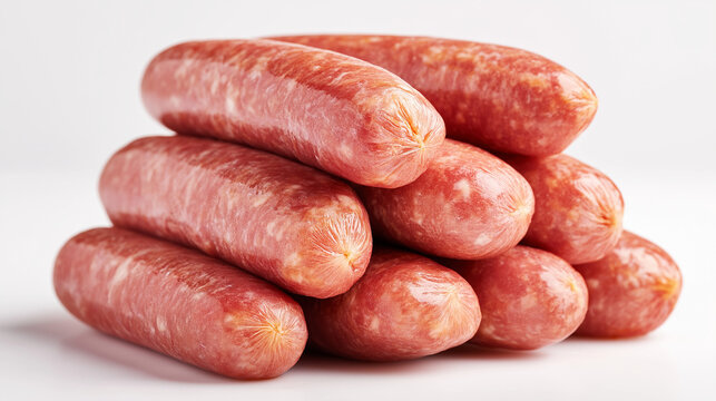 Stack of raw pork sausages isolated on white background for food marketing