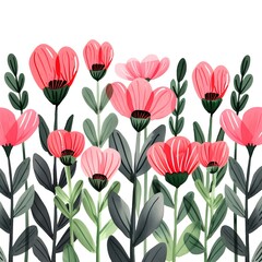 Obraz premium Pink flowers arrangement with green leaves on white background. Botanical illustration of blooming plants for nature concept. Decorative floral pattern for spring seasonal design element.