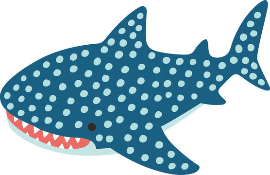 Whale shark clipart cute cartoon blue swimming with teeth dots and open mouth side view png on transparent background for design