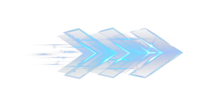 Glowing blue arrows moving forward with speed and energy, creating dynamic motion and futuristic flow. Neon light streaks and digital effect isolated on transparent background.
