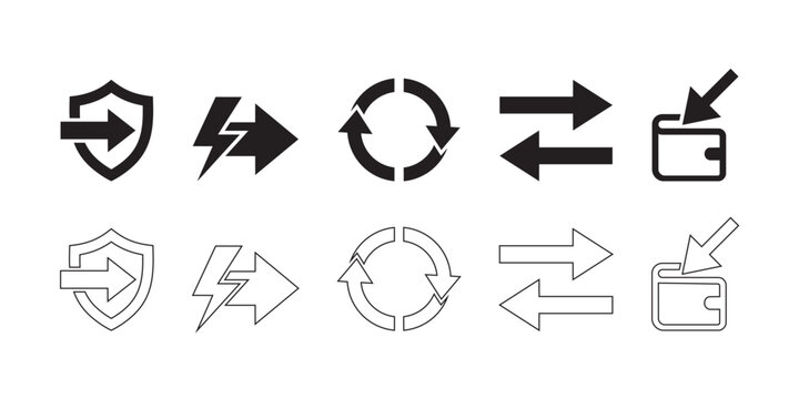 Shield, Lightning Arrow, Refresh Cycle, Transfer solid icon set. lightning bolt arrow, circular refresh, bidirectional arrow, vector set, icon pack, black and white icons