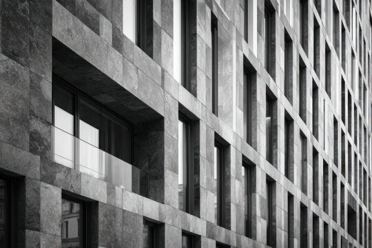 Modern concrete building facade with geometric window pattern