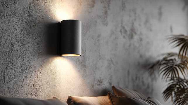 Modern black wall sconce with warm light illuminating cozy bedroom interior
