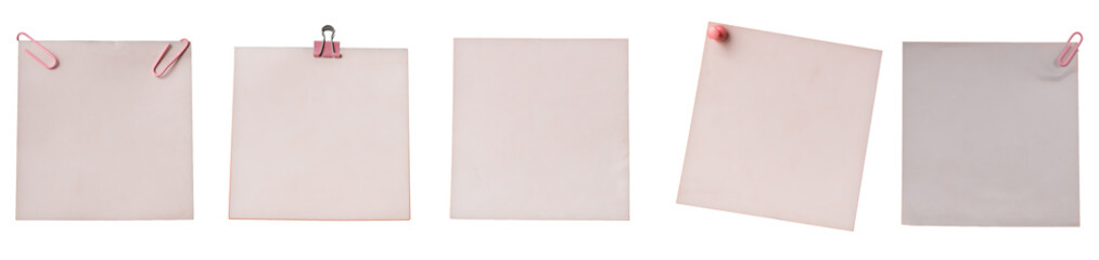 Fototapeta premium 5-in-1 collage blank paper sheets with clips and pins arranged in different positions isolated on white background. Concept of design, mockup, office, stationery, branding, advertising, commercial use