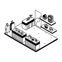 Naklejka premium Isometric kitchen countertop, black and white illustration, appliances and sink, modern interior design, vector graphics