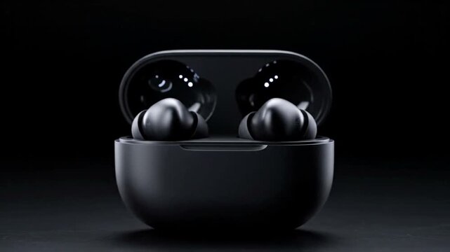 Modern black wireless earbuds in charging case studio shot.