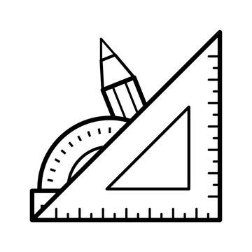 Geometric drawing tools, ruler, protractor, pencil icon, drafting equipment, vector illustration