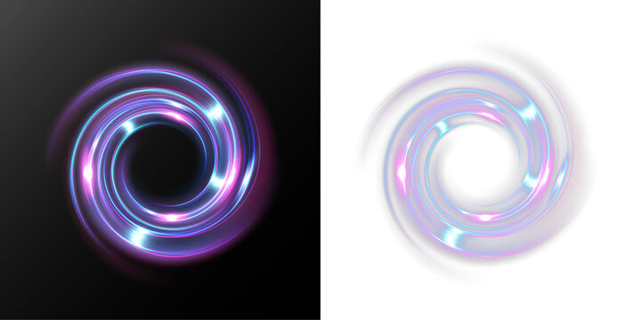 Glowing light ring vortex, abstract circular energy swirl, futuristic luminous loop effect isolated on black and transparent background
