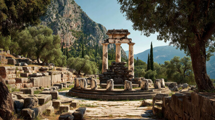 Fototapeta premium Ancient Greek ruins of the Temple of Apollo at Delphi surrounded by olive trees and mountains under a clear blue sky in a historical archaeological site