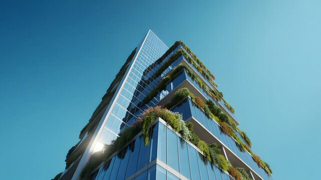 Modern skyscraper with vertical garden facade under clear blue sky, modern archi
